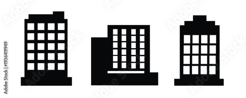 City building icon set. Office tower and urban architecture symbols. Solid silhouette vector icons.