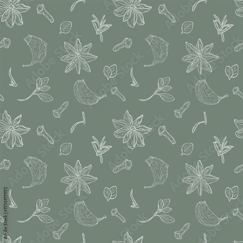 Garlic clove, star anise, dry cloves, oregano. Monochrome botanical seamless pattern drawing of fragrant herbs and spices. Graphic ink vector. Good for decoration of cooking, menu, decor, stickers