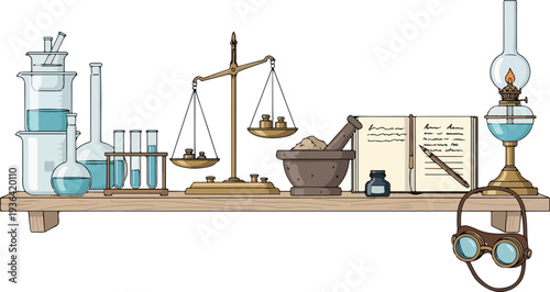 Laboratory equipment and scientific tools on a wooden shelf illustrating chemistry experiments from a straightforward viewpoint
