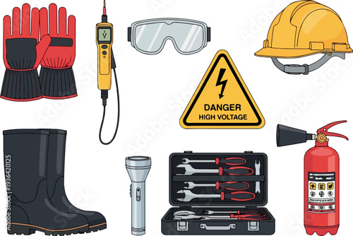 Assorted safety equipment and tools arranged neatly, showcasing protective gear and instruments for industrial work environment from a straightforward viewpoint