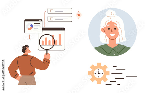 Data analysis, teamwork, business strategy, productivity, workflow optimization, efficiency. Person analyzing charts, profile avatar clock gear. Data analysis and teamwork concept