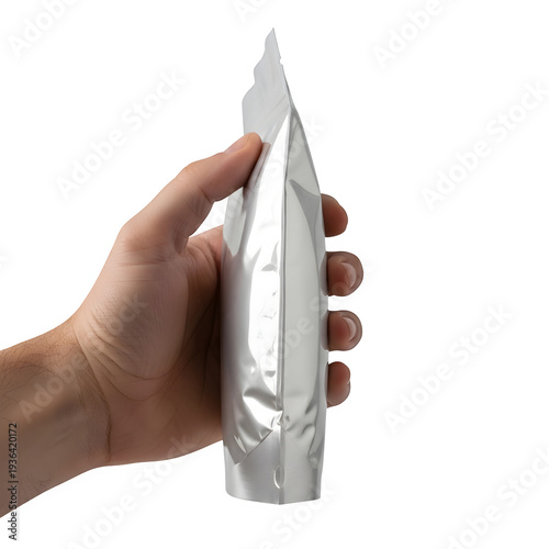 Hand holding empty plastic food storage bag with zipper isolated on transparent background