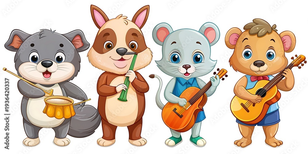 Fototapeta premium Cute cartoon creatures gather for music