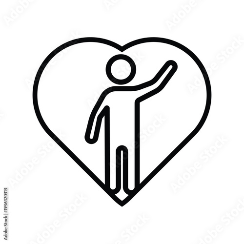 Charity support and care outline icon. Helping hand volunteer and humanitarian aid symbol inside heart. Line vector icon