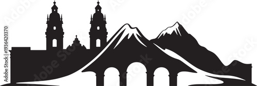 Cathedral silhouette with mountain range and arched stone bridge over river in flat design