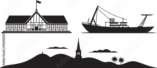 Coastal town architectural silhouette collection featuring fishing boat and harbor structures