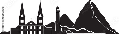 Coastal town silhouette featuring twin spires cathedral and large mountain peak