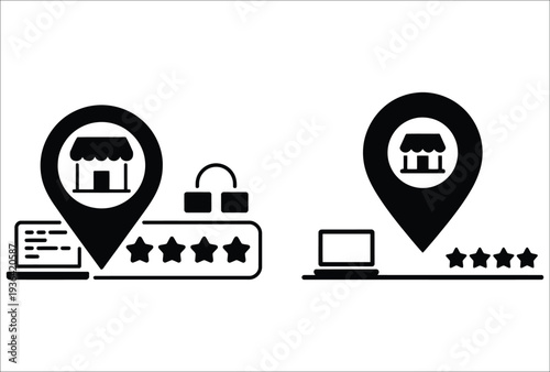 Map Pin with Storefront and Star Rating Silhouette Symbolizing Local SEO Marketing, Business Visibility, Customer Reviews