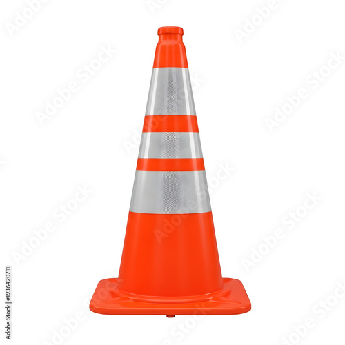 Bright orange traffic cone with two reflective silver stripes, isolated on a clean white background, symbolizing construction, road safety, and caution.