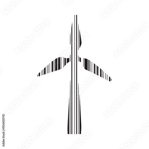 Abstract black and white depiction of an airplane viewed from above