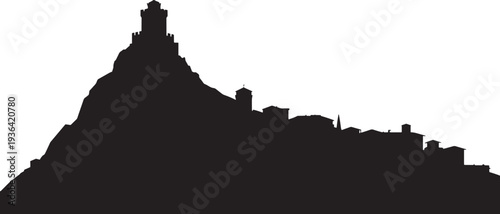 Hilltop fortress town silhouette overlooking valley with small medieval castle structure