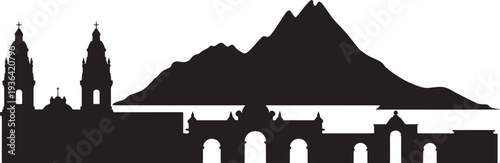 Historic city silhouette with twin bell towers large plaza arches and imposing mountain