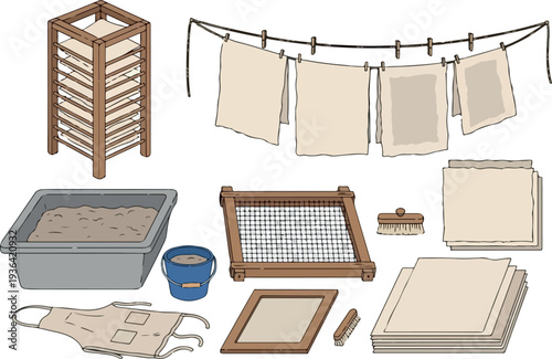 Illustration of papermaking process with various tools and materials displayed