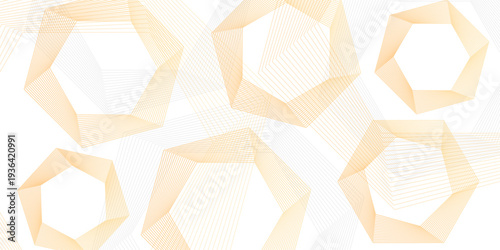 Abstract white background with golden geometric wireframe pentagons, elegant minimalist linear tech vector banner