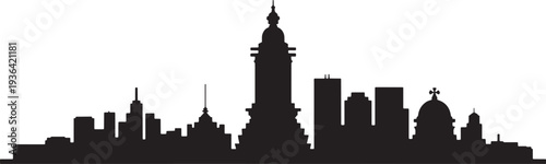 Modern city skyline silhouette featuring diverse skyscraper heights and classical cathedral