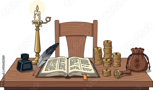 An open book lies on a wooden desk surrounded by coins, a quill, ink, and a leather pouch in a classic study setting.