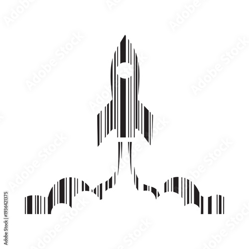 A striking black and white illustration of a rocket ship integrated with a person