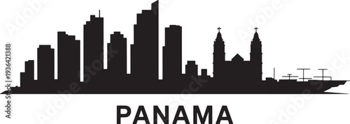Panama city skyline silhouette with skyscrapers and large cathedral structure next to port