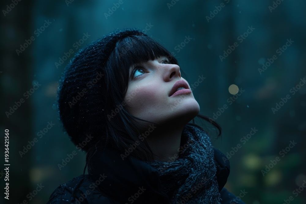 custom made wallpaper toronto digitalWoman looking up at the sky in a snowy forest during evening time
