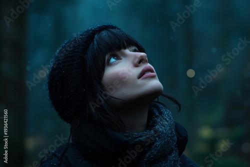 Wallpaper Mural Woman looking up at the sky in a snowy forest during evening time Torontodigital.ca