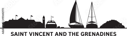 Saint Vincent and the Grenadines skyline silhouette with boats and buildings