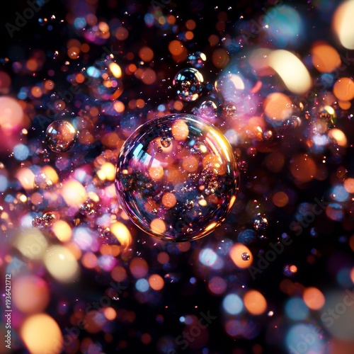 Wallpaper Mural Colorful bubbles float in a dark space filled with bright lights and swirling colors Torontodigital.ca