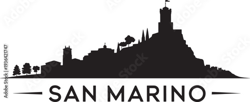 San Marino historical city view silhouette with fortress tower and landscape illustration