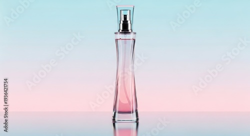 Elegant glass perfume bottle on pastel gradient background, soft reflection