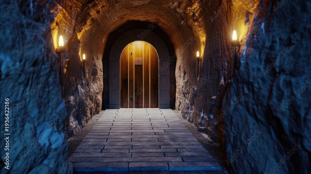 Obraz premium Mysterious Cave Entrance with Wooden Door and Dim Lighting, Ideal for Adventure and Fantasy Themes