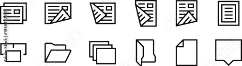 Document and folder icons for file management and office organization. Minimal outline symbols showing reports, folders, stacked papers, and messages. Clean paperwork graphics for workflow systems,