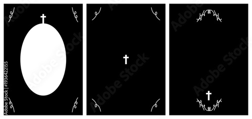 Funeral cards set. Frames with cross.  Funeral wreath frame under the fhoto. Mourning  square frame.
