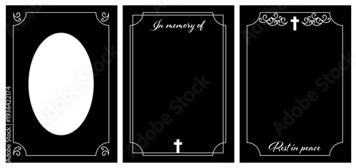 Funeral cards set. Frame In memory of and Rest in peace with cross and ornate curl ornament.  Funeral wreath frame under the fhoto. Mourning  square frame.
