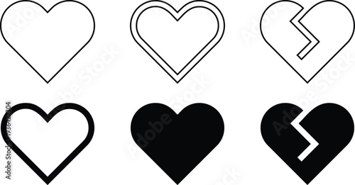 Heart icon collection with outline, solid and broken love symbols isolated on white background. Minimal romantic shapes for relationship and emotion concepts. Simple graphic set for Valentine design, 