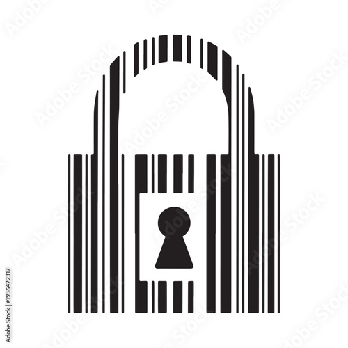 A stark black and white graphic depicts a padlock formed by barcode lines