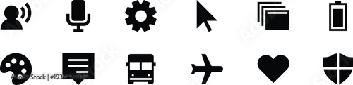 Essential user interface icon set in black. Common app symbols for profile, media, travel, and security. Clean vector collection ideal for dashboard, website, and mobile design.
