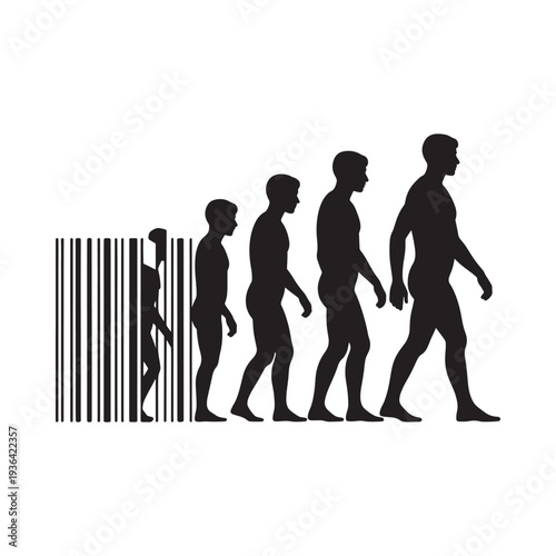 Human evolution depicted as silhouettes progressing from ape to modern man with barcode