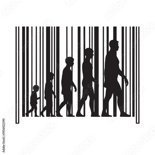 Silhouette figures of people walking within a barcode pattern conceptual art