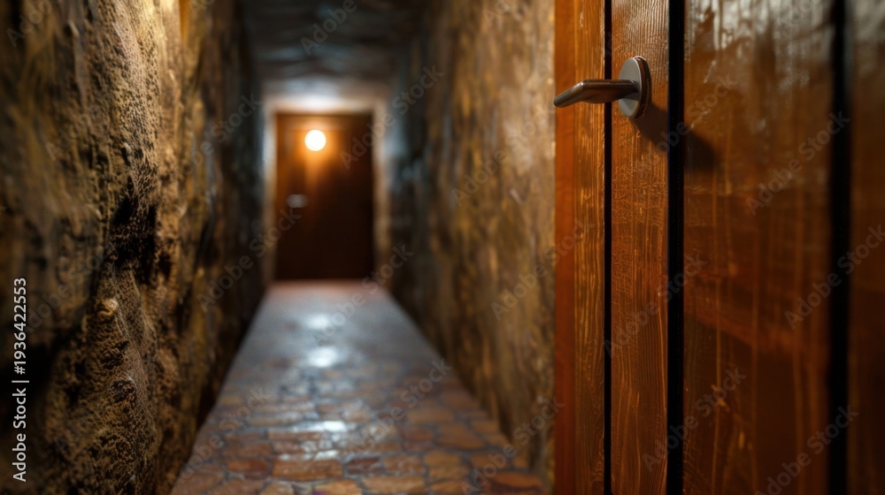 Obraz premium Narrow stone corridor with wooden doors illuminated by warm light showcasing rustic architecture and inviting atmosphere