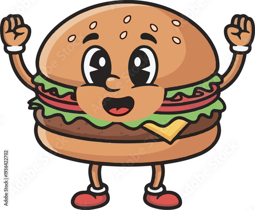 Happy Cartoon Burger Character Vector Illustration with Sesame Seed Bun, Cheese, Lettuce, and Tomato for Fast Food Menus and Restaurant Promotions