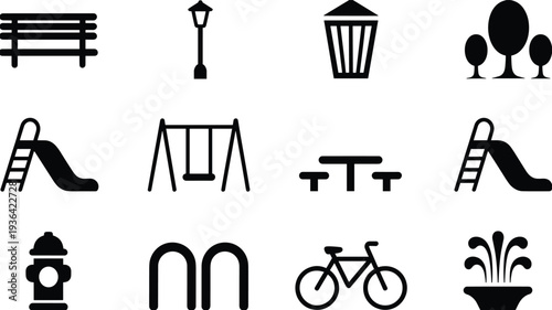 Set of park and city infrastructure icons in black silhouette style featuring bench street lamp slide swing bicycle fountain and trees for urban design