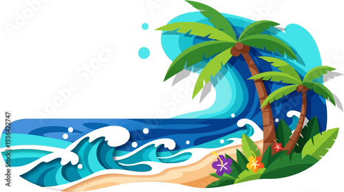 Big blue waves breaking on a sandy shore with tropical plants
