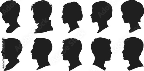 Set of black silhouettes of people in different heights looking up isolated on white background for curiosity and hope design,