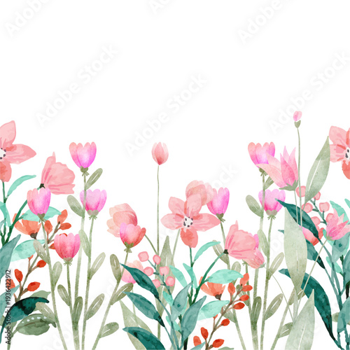 Seamless Border made with watercolor pastel fragile wildflowers, stems and tiny leaves, isolated illustration. Floral element for wedding stationery and greetings cards
