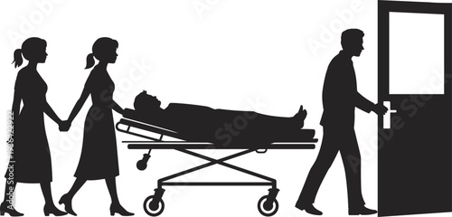 Medical silhouette illustration of nurses pushing a patient on a stretcher through a hospital door for emergency healthcare and clinical urgent care services