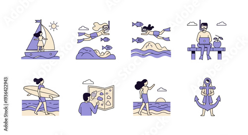 Eight distinct vector icons illustrating various waterbased summer leisure activities