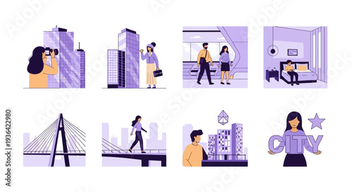 Eight purple and beige illustrations depicting city life people and structures