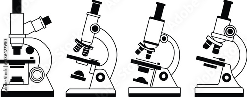 Set of professional microscope icons and laboratory equipment in black line art style for science research medical education and biology technology vector design