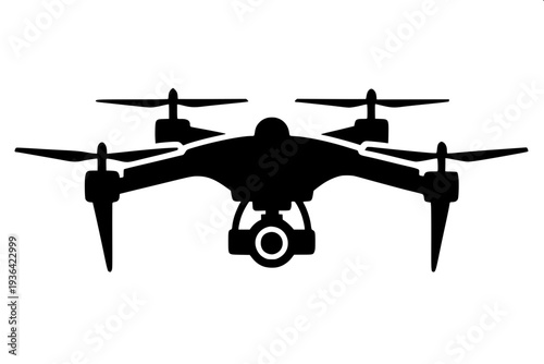 Quadcopter drone silhouette with camera, dropping grenade below, black stencil vector illustration, military concept, white background