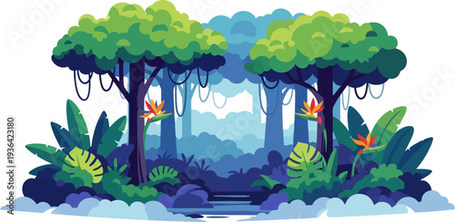 Dense tropical jungle interior with hanging vines and bird of paradise flowers