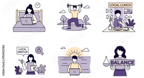 Six icons illustrating remote work concepts in bed exercising lunch meetup sunrise work and balance